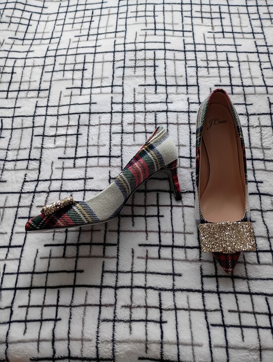 J. Crew Shoes - J. Crew Colette Pumps Plaid Gold Glitter Bow Pointed Toe Heels Size 8.5 NWOT